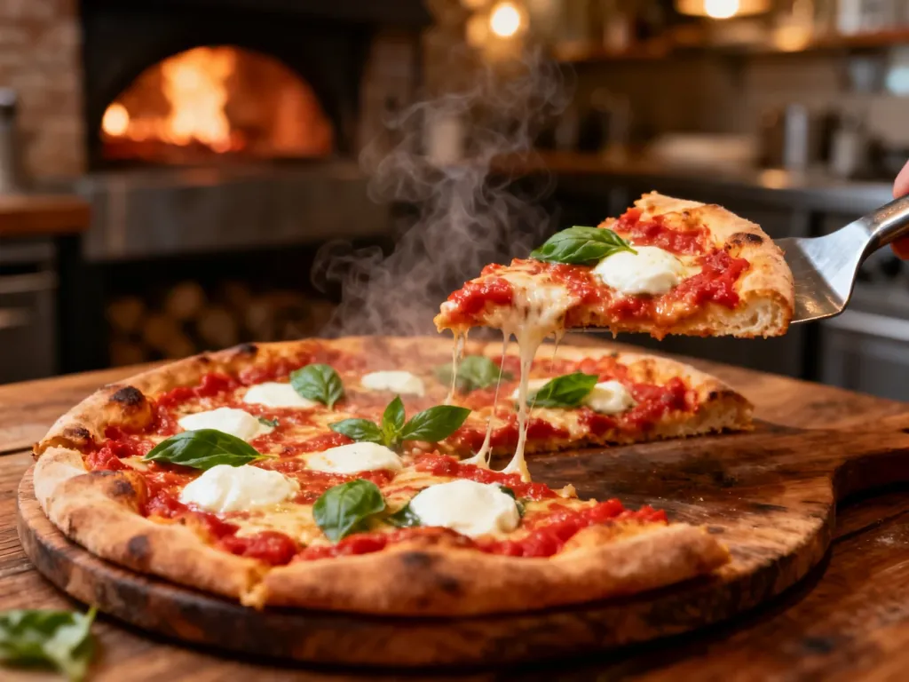 Świeża pizza Margherita na drewnianej desce z ciągnącym się serem, gotowa do podania w przytulnej pizzerii.