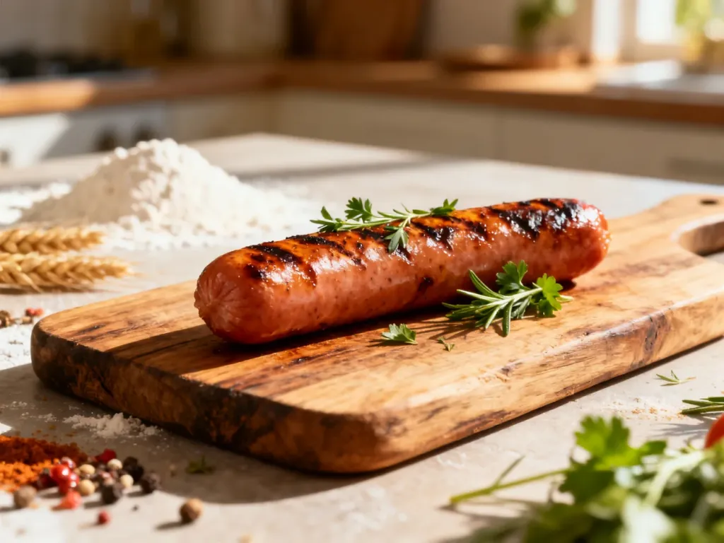 Grillowana parówka na drewnianej desce z ziołami, przedstawiająca apetyczny wygląd produktu mięsnego.