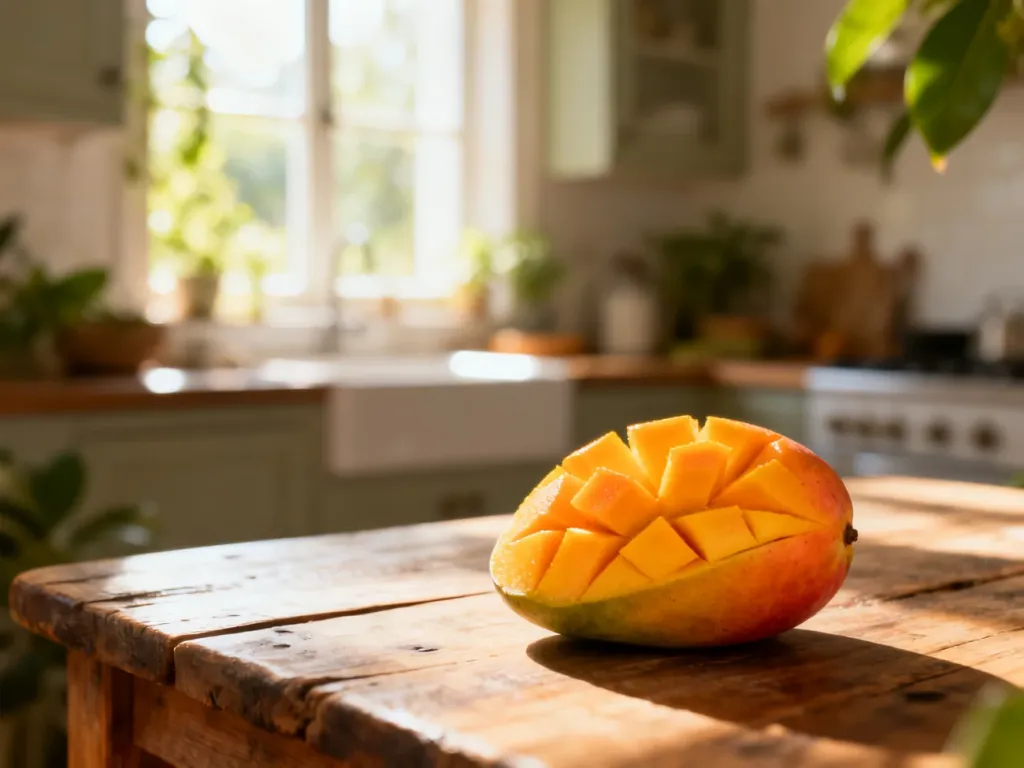 Pokrojony, dojrzały owoc mango na drewnianym stole w słonecznej kuchni.