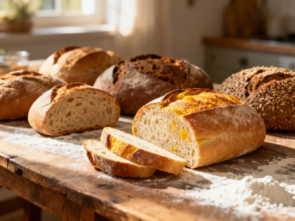 Różne rodzaje rzemieślniczego pieczywa, w tym chleb żytni i pełnoziarnisty, ułożone na rustykalnym drewnianym stole.
